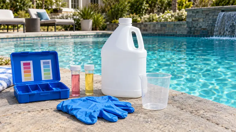 Pool test kit, unlabeled chlorine jug, gloves and measuring cup arranged on a stone pool deck